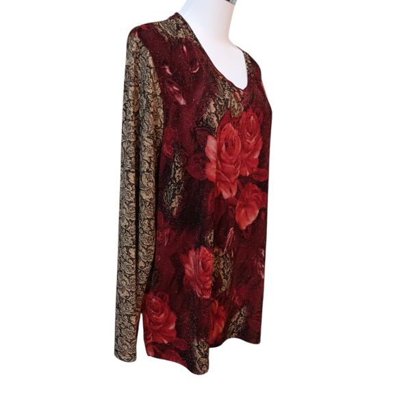 VINTAGE STONEBRIDGE Top Blouse Shirt Roses Floral Sparkles‎ Size XL Red Gold - Picture 2 of 9